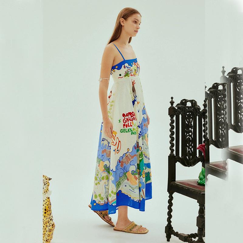 New European and American Sexy Suspender Graffiti Cotton and Linen Printing Big Pendulum Dress Women