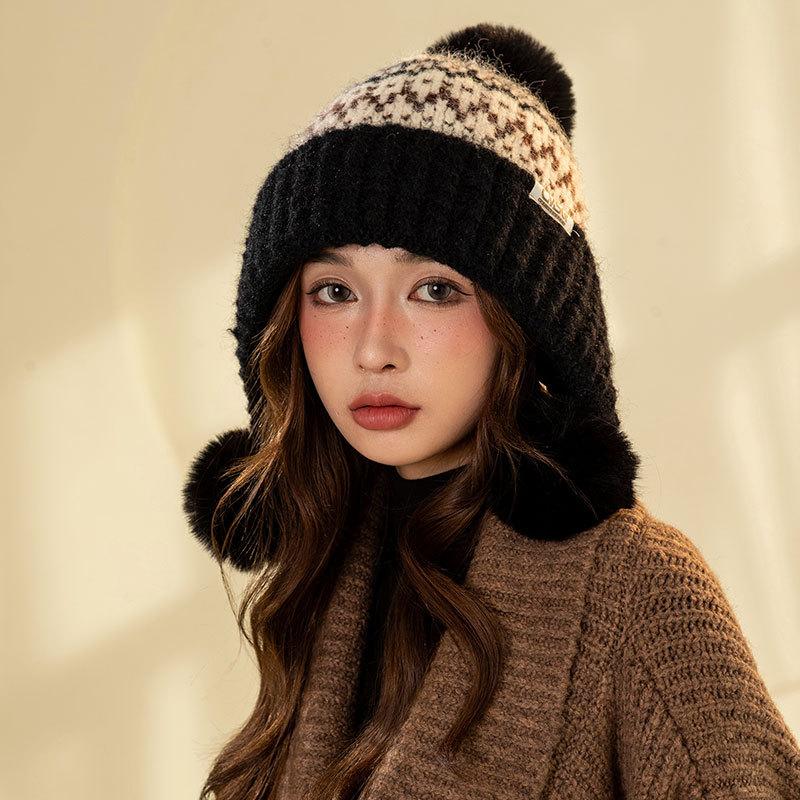 Mode Farbabstimmung Pompon Ohrenschutz Warme Mütze Damen Winter Radfahren Fleece Kälteschutz Wollmütze Tide