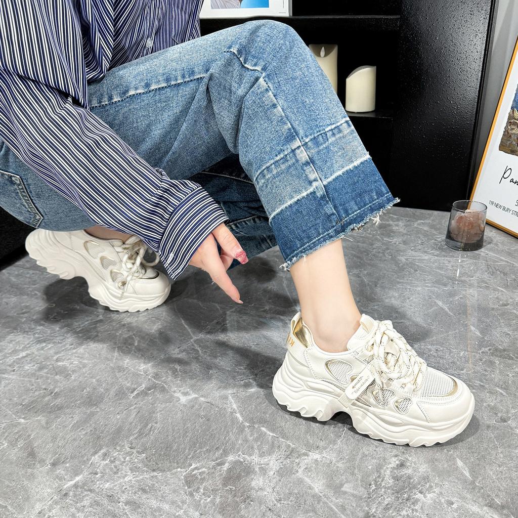 Women's color matching lace-up thick-soled muffin and little white shoes mesh love women's single shoes travel shoes