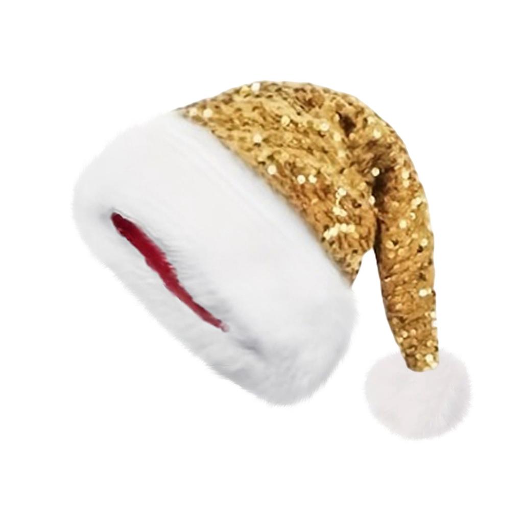 1PC Double-layer Sequined Christmas Hats Christmas Decorations Sequin Plush Hat Plush Thickened Christmas Cap with Fluffy Pompom