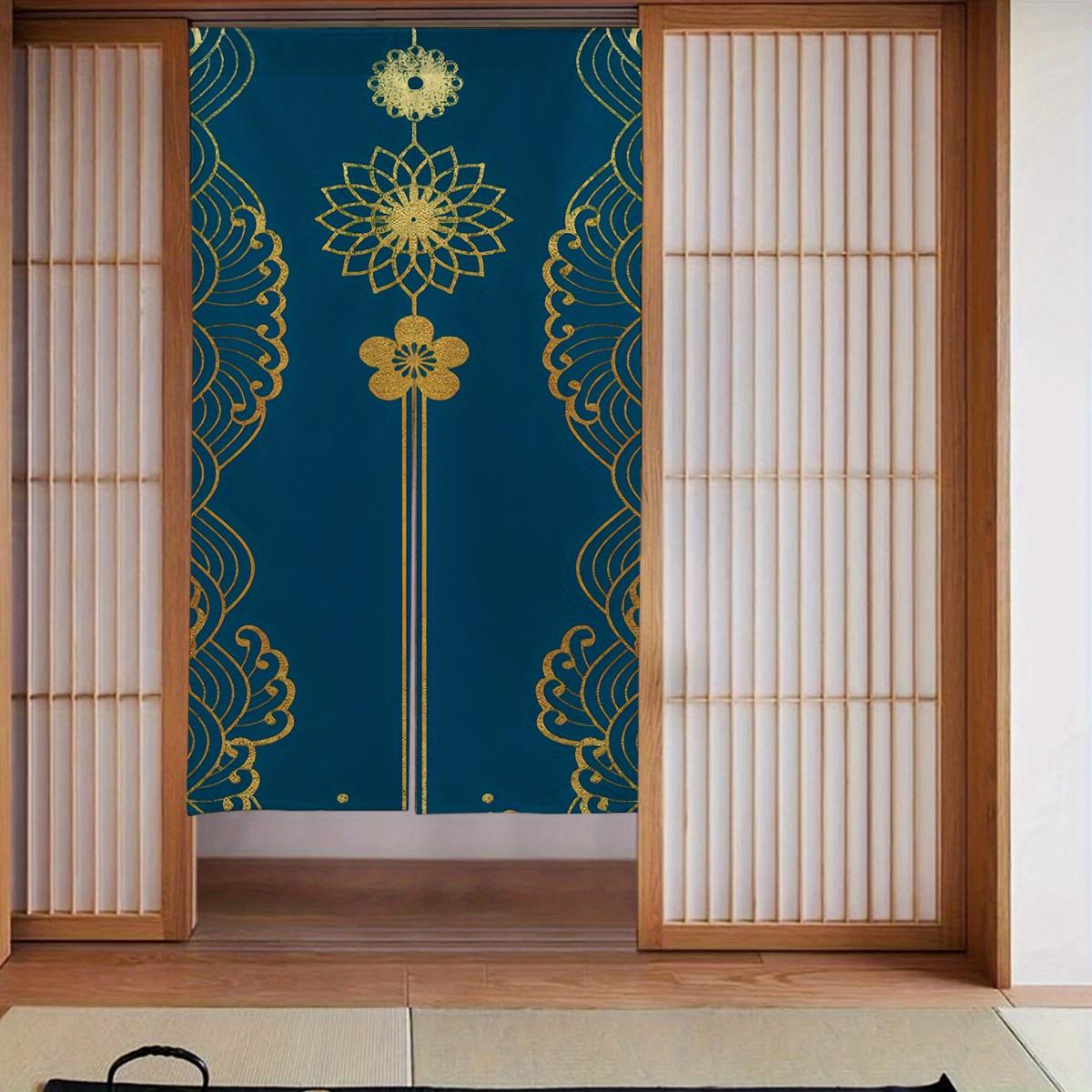 

[2D Door Curtain] 1pc Japanese Style Cherry Blossom & Wave Design Blackout Curtain - 34 x56 Linen Room Divider with Golden Flor 65x100cm26x39in