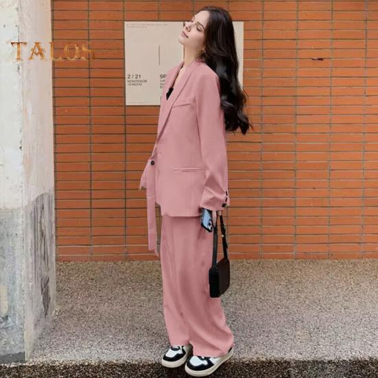 2 buc./set damă haină formală pantaloni set mâneci lungi închidere cu bretele cu nasturi Cardigan cu decolteu în V Jachetă de lungime mijlocie pantaloni drepti cu talie înaltă de afaceri formali