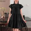 ZANZEA Women Elegant Casual Stand Collar Solid Color Loose Short Sleeve Dress