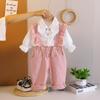 0-5-year-old Girls' Long Sleeved 2-piece Set, Girls' Lapel Lace Shirt, Casual Shoulder Strap Pants, Children's Fashion Set