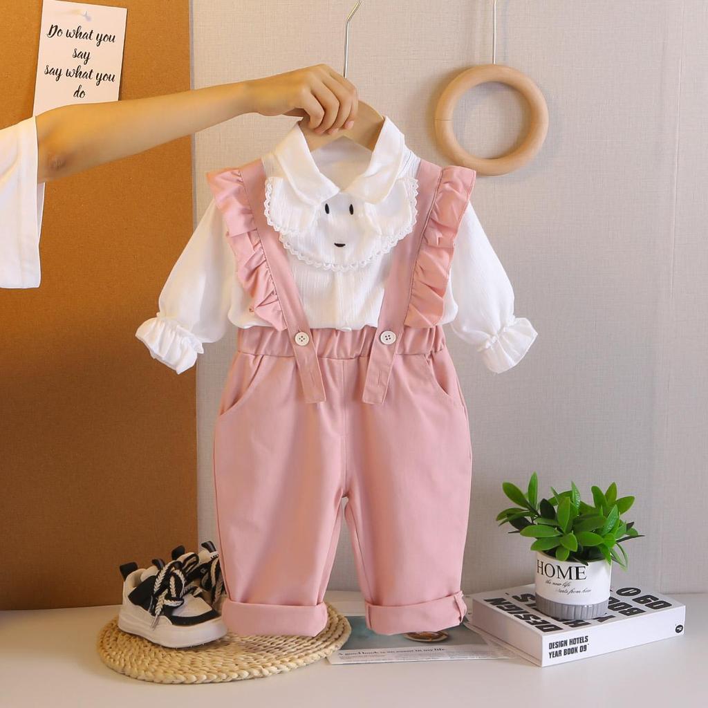 0-5-year-old Girls' Long Sleeved 2-piece Set, Girls' Lapel Lace Shirt, Casual Shoulder Strap Pants, Children's Fashion Set