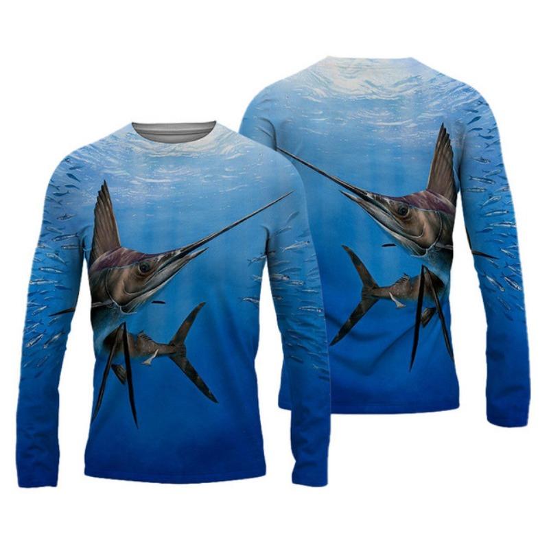 Sommer Herren Angelshirts 3D Pinting Angelbekleidung Atmungsaktives T-Shirt Langarm Outdoor Sport Rundhals Angelshirt 6XL