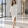 Commuting Dress Women Solid Color Midi Dress Slim Fit Autumn with Side Slit O-Neck Long Sleeve Metal Buttons Decor Formal Evening