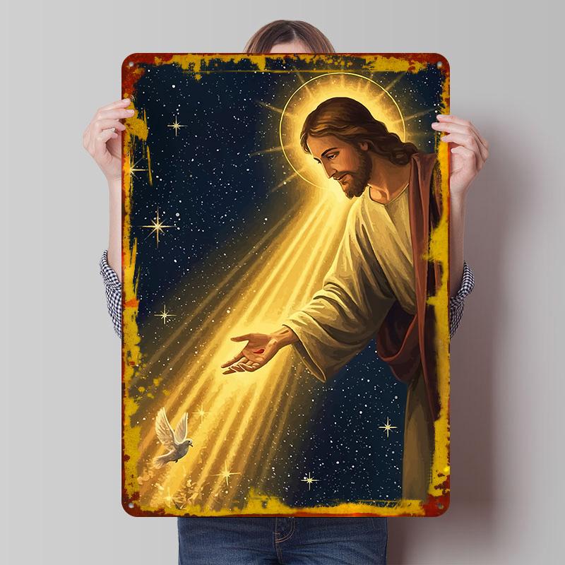 Jesus Christ Light and Doves Tinplate Poster Customized Wall Art Vintage Retro Metal Signs for Aesthetic Room Decor Men Man Cave
