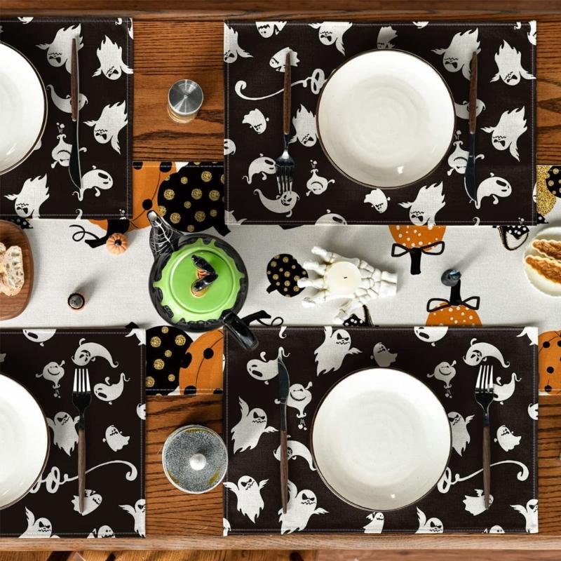 Japanese-style Halloween Patterns Linen Table Placemat Printed Table Anti-scalding Heat Insulation Pad Cup Coaster