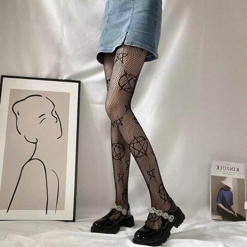 Lolita Girls Søt Pentacle Print Tights Kvinner Sexy Gothic Punk Magisk Femspiss Star Mesh Fish Net Strømpebukse Body Strømper