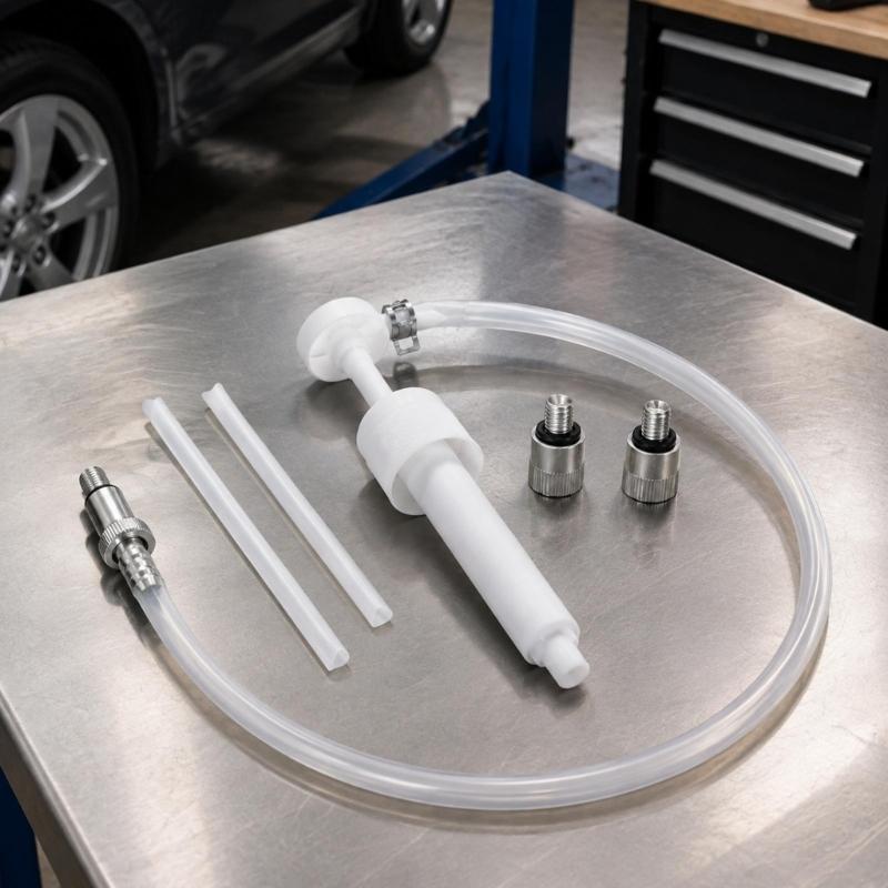 Plastic Brake Fluid Service Pump Kit with Clear Flexible Tubing, Two Straight Tubes and Threaded Connection Pieces for Vehicle Maintenance