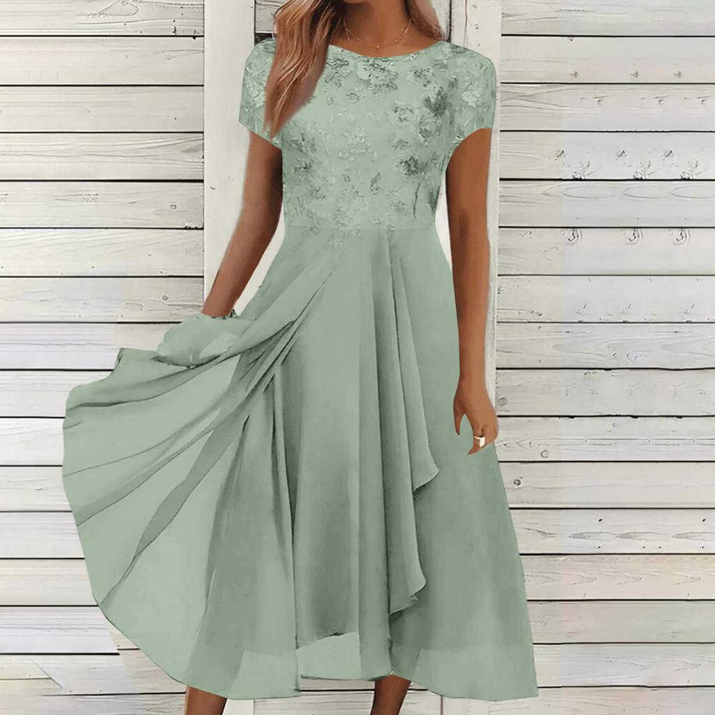 Women Chiffon Lace Patchwork Short Sleeve Maxi Dress Elegant Bridesmaid Evening Gown Flowy A Line Long Skirt for Formal Events