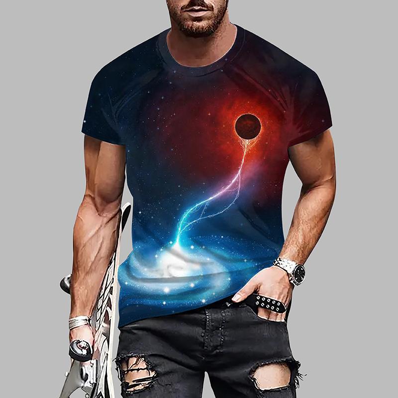 New Summer Men's Fashion T-shirt Personality Planet Printed Men's T-shirt Top
