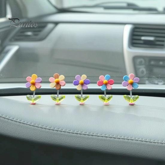 Car Aesthetic Decor 5Pcs Colorful Shaking Flower Decor, Resin Rainbow Sunflower Dashboard Ornament Cute for Teens with Non Slip Pad, Wobble