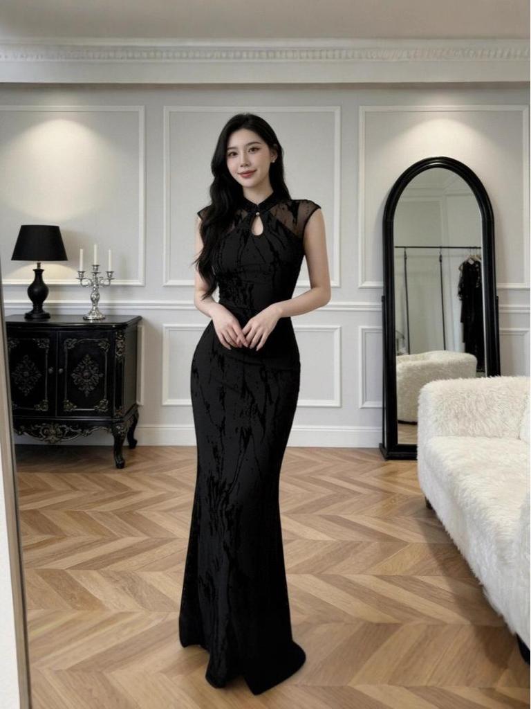 Elegant Chinese Style Mesh Qipao Fishtail Dress for Women