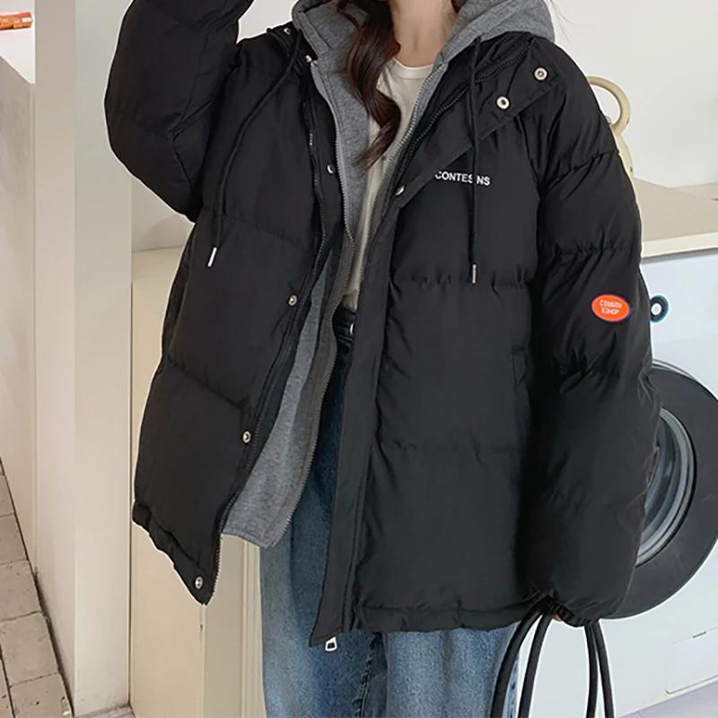 

Women Fake Two Piece Hooded Cotton-padded Jacket Thicken Loose Warm Casual Parkas Autumn Winter Zipper Women Down Jacket XS чорний