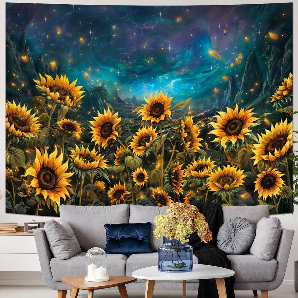 Heynvioo Sunflower Tapestry Galaxy Space Tapestry Fall Yellow Floral Plants Tapestries Starry Sky Mountain Nature Tapestries Wall Hanging for Home