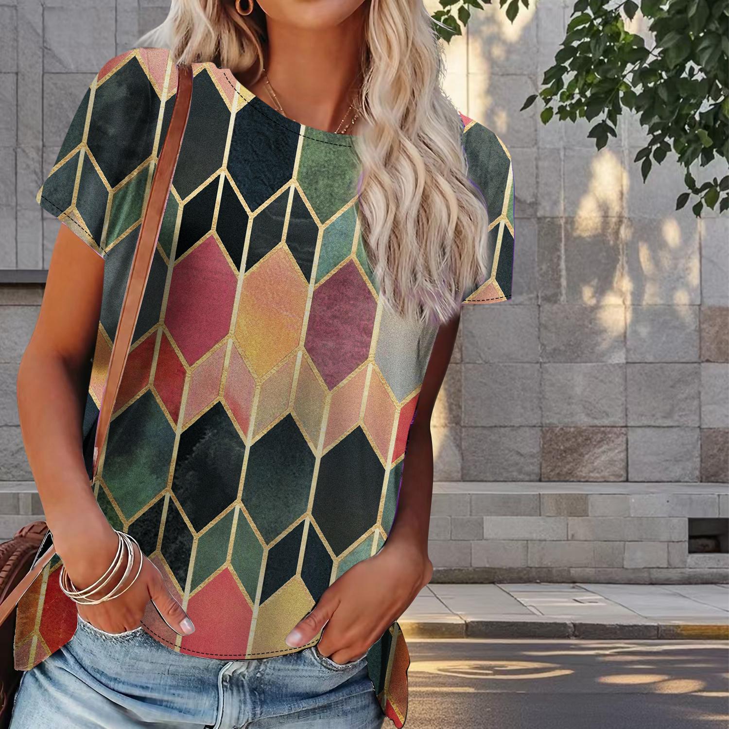 

Женская летняя футболка с принтом в ромбовидную клетку в стиле ретро, футболки с коротким рукавом, повседневные топы с принтом 8XL розовый