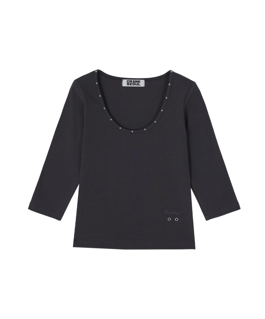 CRANK Studded U-Neck Top_Charcoal