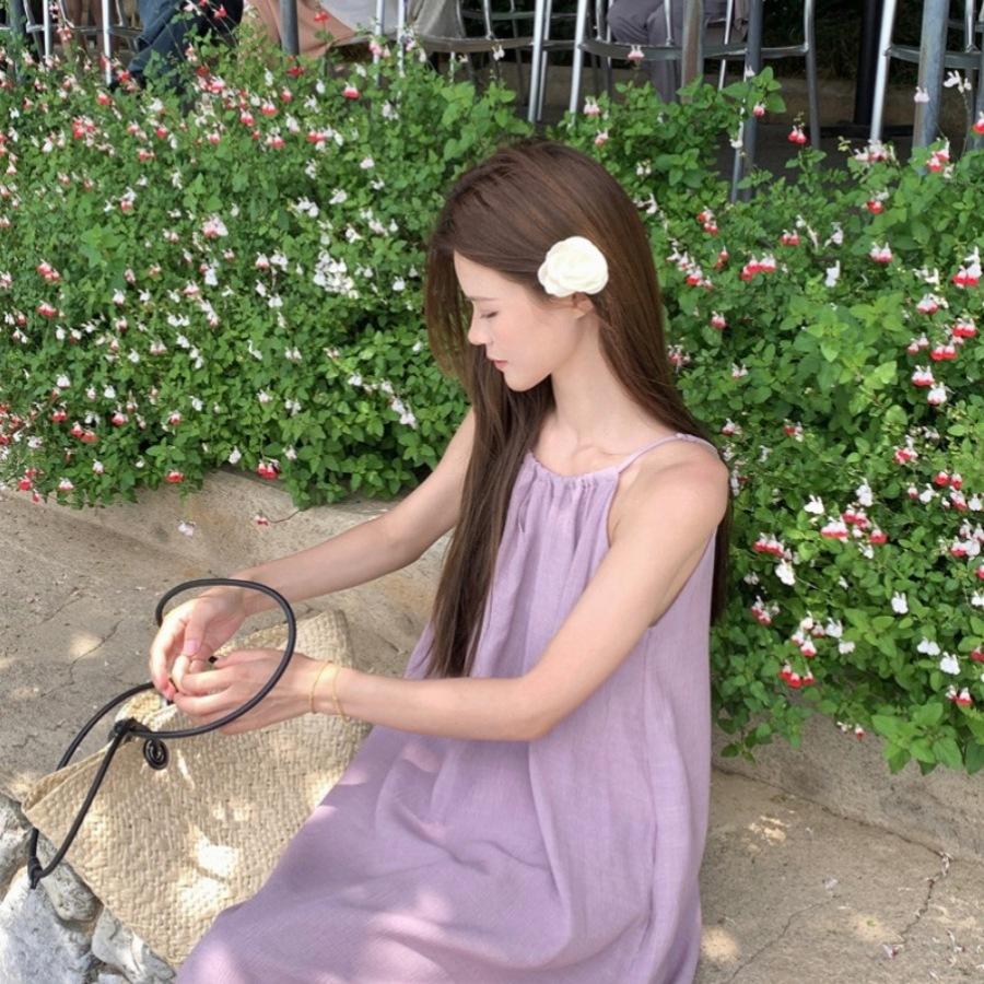 Loose Suspender Dress Women's Summer New Vacation Gentle Long Dress Chic Sleeveless A-word Dress Purple Dress
