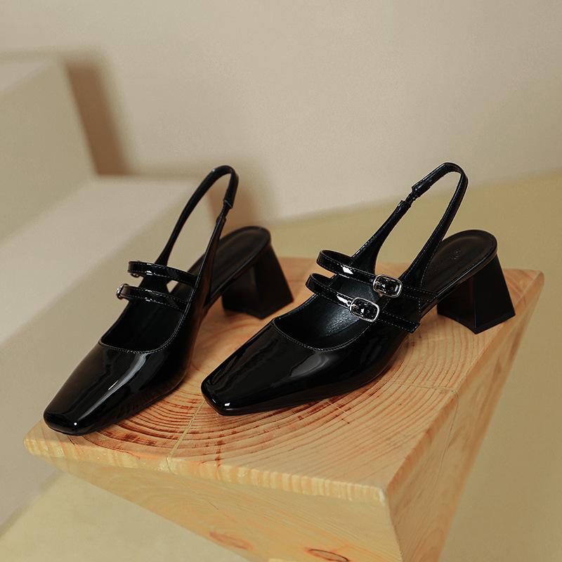 Baotou Sandals Women's Summer French Mary Jane Shoes 2025 New One-word Strap High Heels Thick Heel Square Head Single Shoes