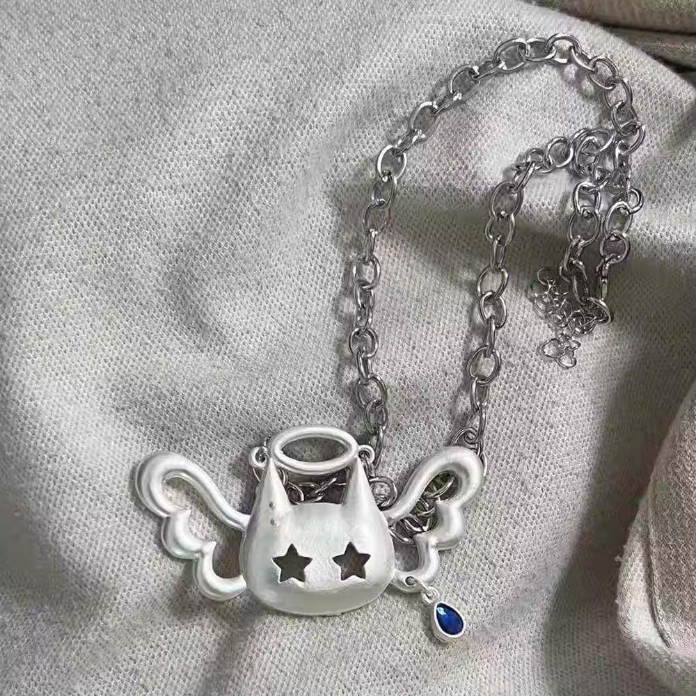 Silver Color Wing Cat Pendant Water Drop Necklace Punk Fashion Y2K Necklace  Women Girls