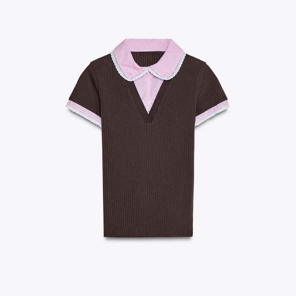 2025 Summer French Retro Color Block Polo Knit Shirt