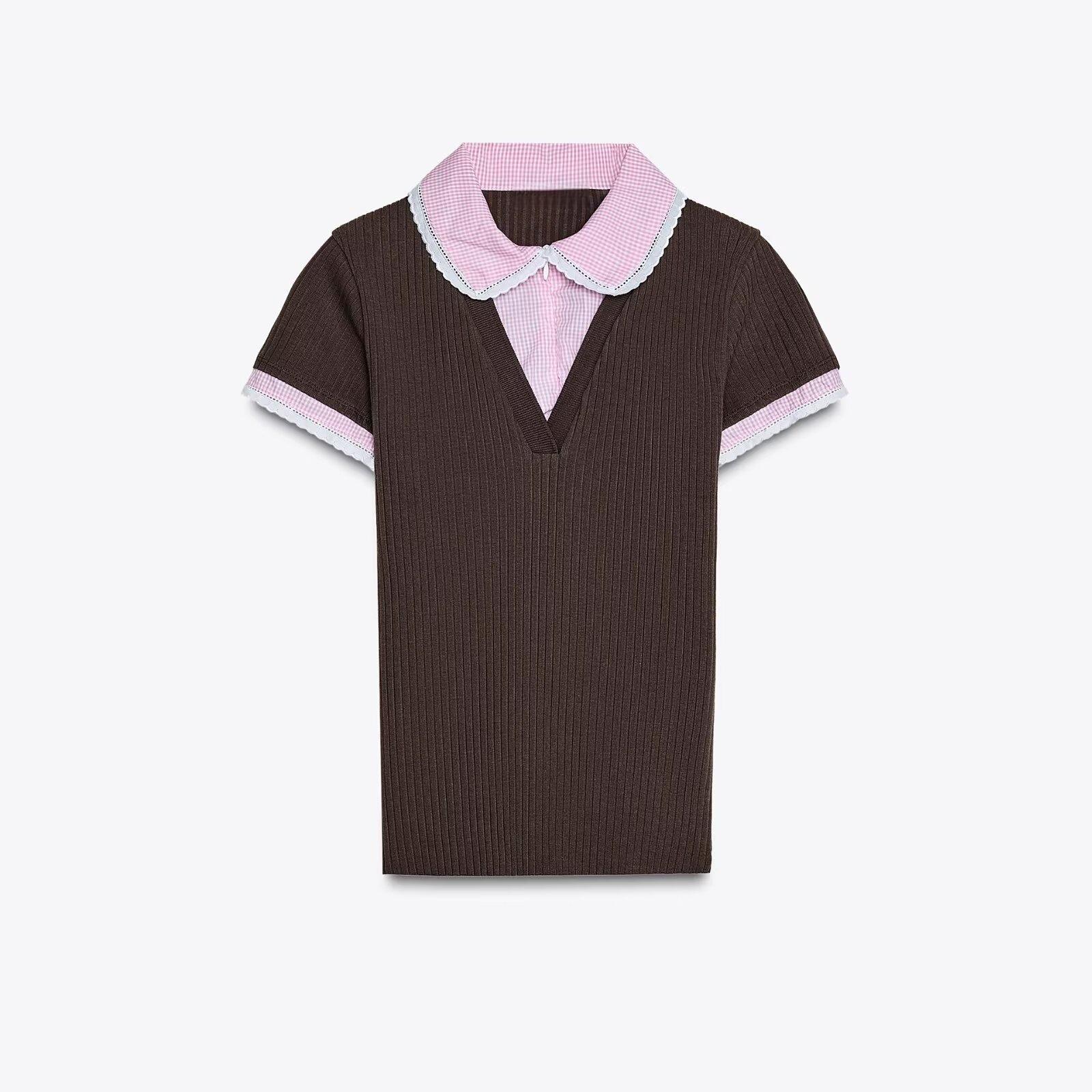 

Летняя трикотажная рубашка поло 2025 в стиле французского ретро с цветными блоками L кофейный