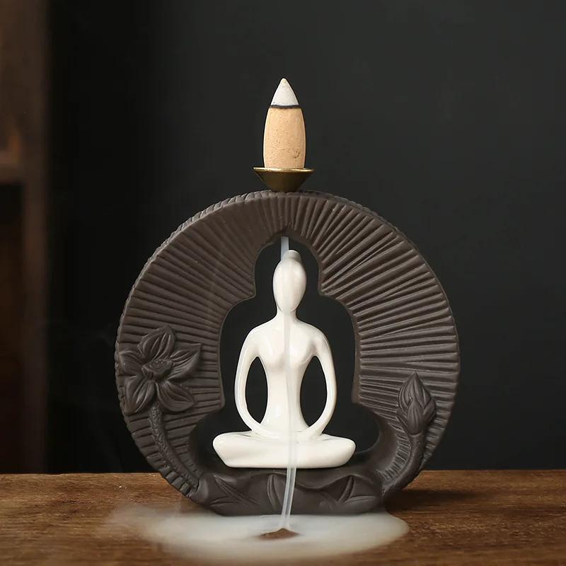1pc Buddha's Light Shine Type Ceramic Yoga Girl Backflow Incense Burner Use In Office Teahouse Home Decor (Without Incense)