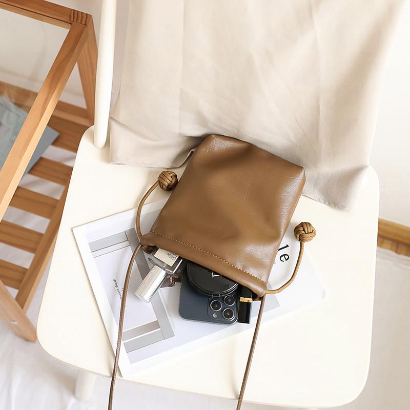 IELGY Korean Version All-Match Mini Drawstring Bucket Bag Retro Texture Soft Leather Shopping Mobile Phone Bag Cute Shoulder Crossbody