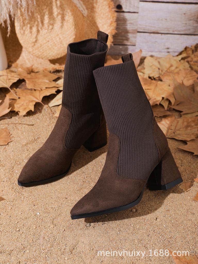 Pointed women's black thin boots women's new autumn and winter high-heeled short boots thick-heeled large-size women's boots