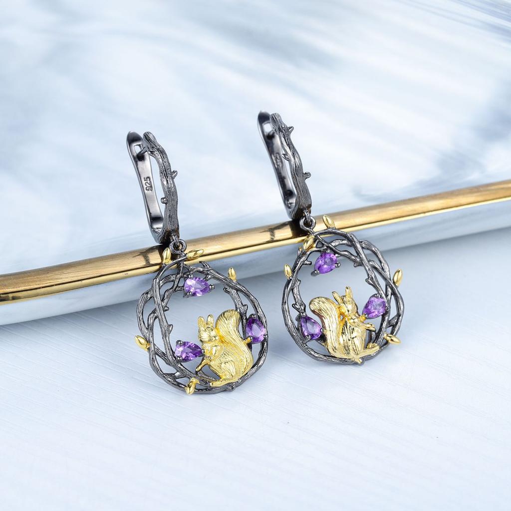 Original design natural crystal diopside garnet earrings 925 sterling silver squirrel natural style earrings ins high value