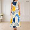 Women Plus Size Round Neck Triple Keyhole Cutout Sleeveless Geometric Print Long Dress Blue Yellow Beige