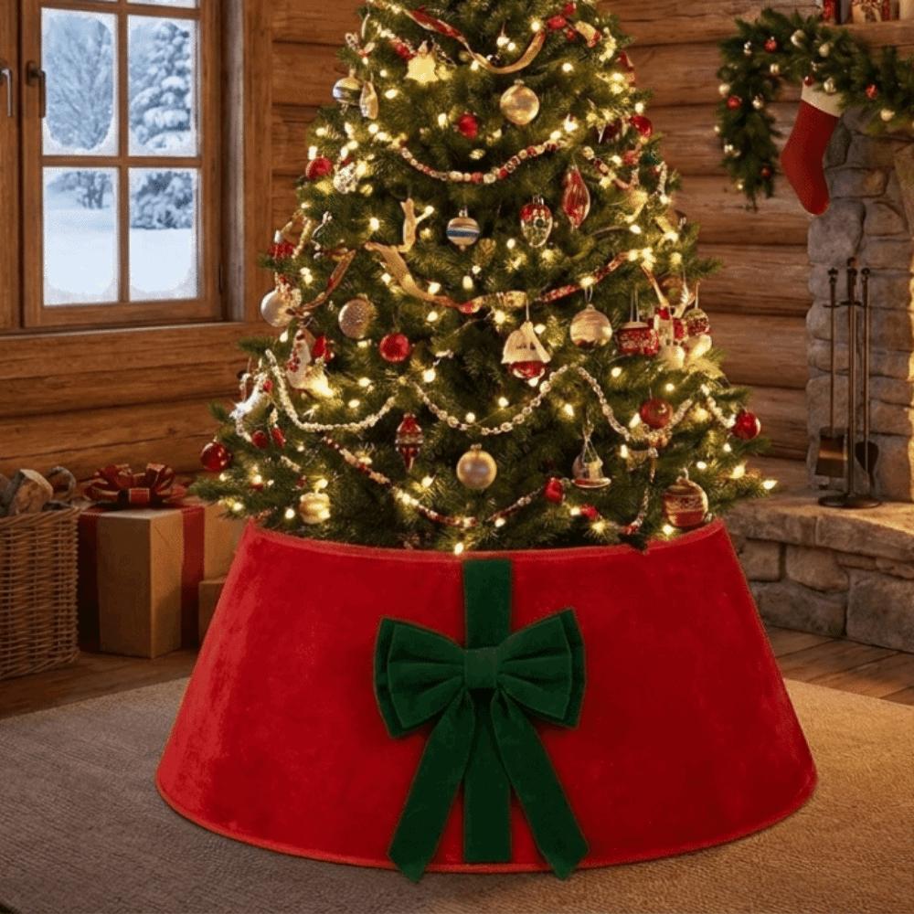 Solid Color Christmas Tree Skirt with Bow Plush Xmas Tree Surround Collar  Party Gifts