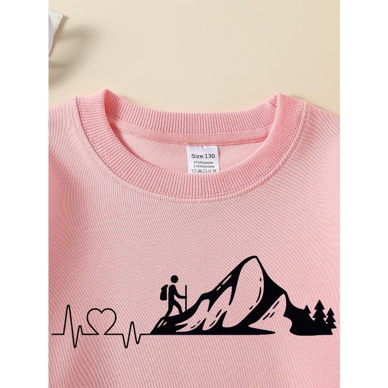 European Sizes Girls' Soft Crewneck Sweatshirt Mountain Hiker Heartbeat Adventure Print, Casual All-Match for Fall Winter, Ideal Present.