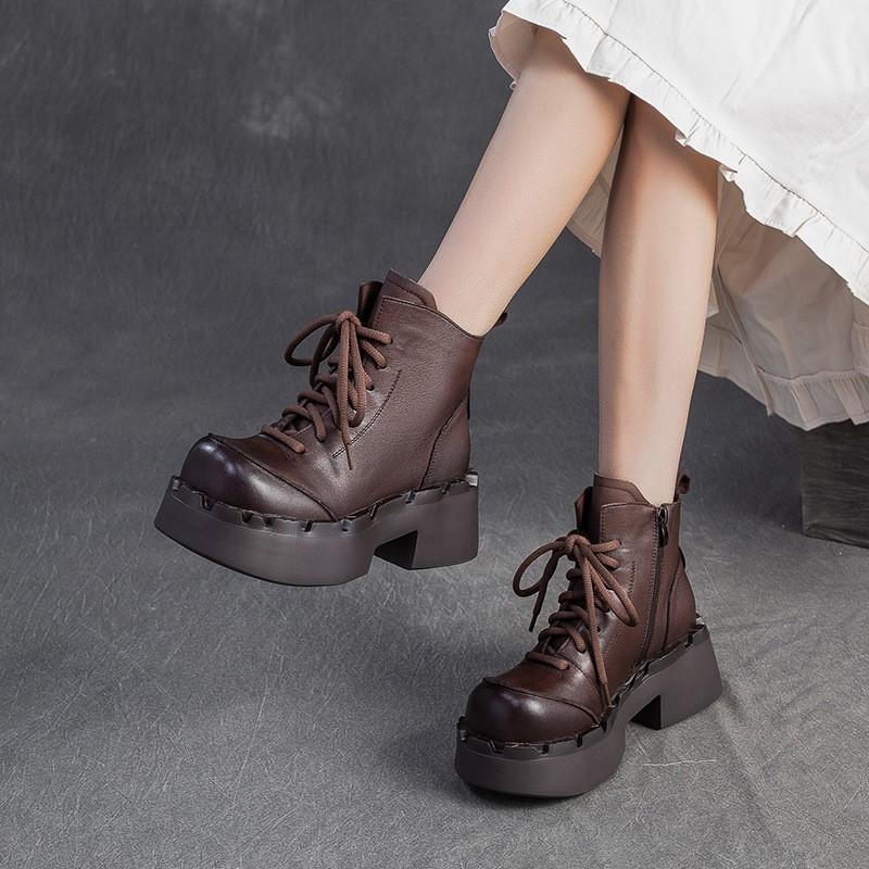 Fashion GKTINOO 2025 Winter New Retro Height Increase Thick Soled Ankle Boots Versatile and Comfortable Genuine Leather Women's Shoes