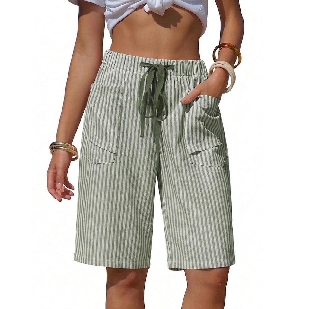 Women's Casual Summer Vacation Striped Shorts Elastic Waistband with Drawstring Pockets Loose Fit Comfortable Beachwear