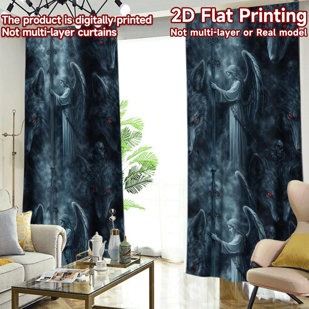 2D FLAT PRINTING 2pcs Curtains (Without Rod) and Wolves Twilight Light Filtering Chic Curtains Versatile Fabric Curtains Easter