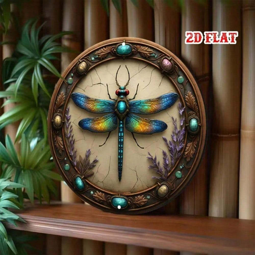 Vintage Dragonfly Metal Sign Round Aluminum Wall Art Rustic Farmhouse Garage Cafe Wildlife Decor