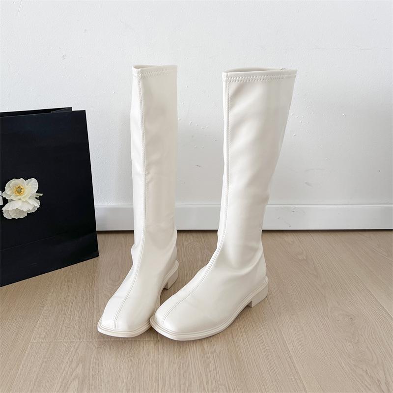 Beige Retro British Style Thick Heel Flat-bottomed Boots Women's 2025 New Spring and Autumn Square Head Thin Knight Boots