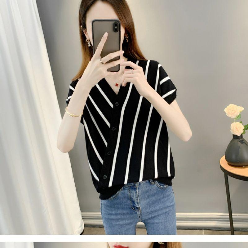 Korean Style Summer V Neck Loose Bat Sleeve Striped Ice Silk T Shirt Women Casual Thin Knit Top