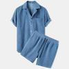 Completo Sportivo Casual da Uomo in Velluto a Coste Monocolore Estivo con Camicia a Maniche Corte e Pantaloncini