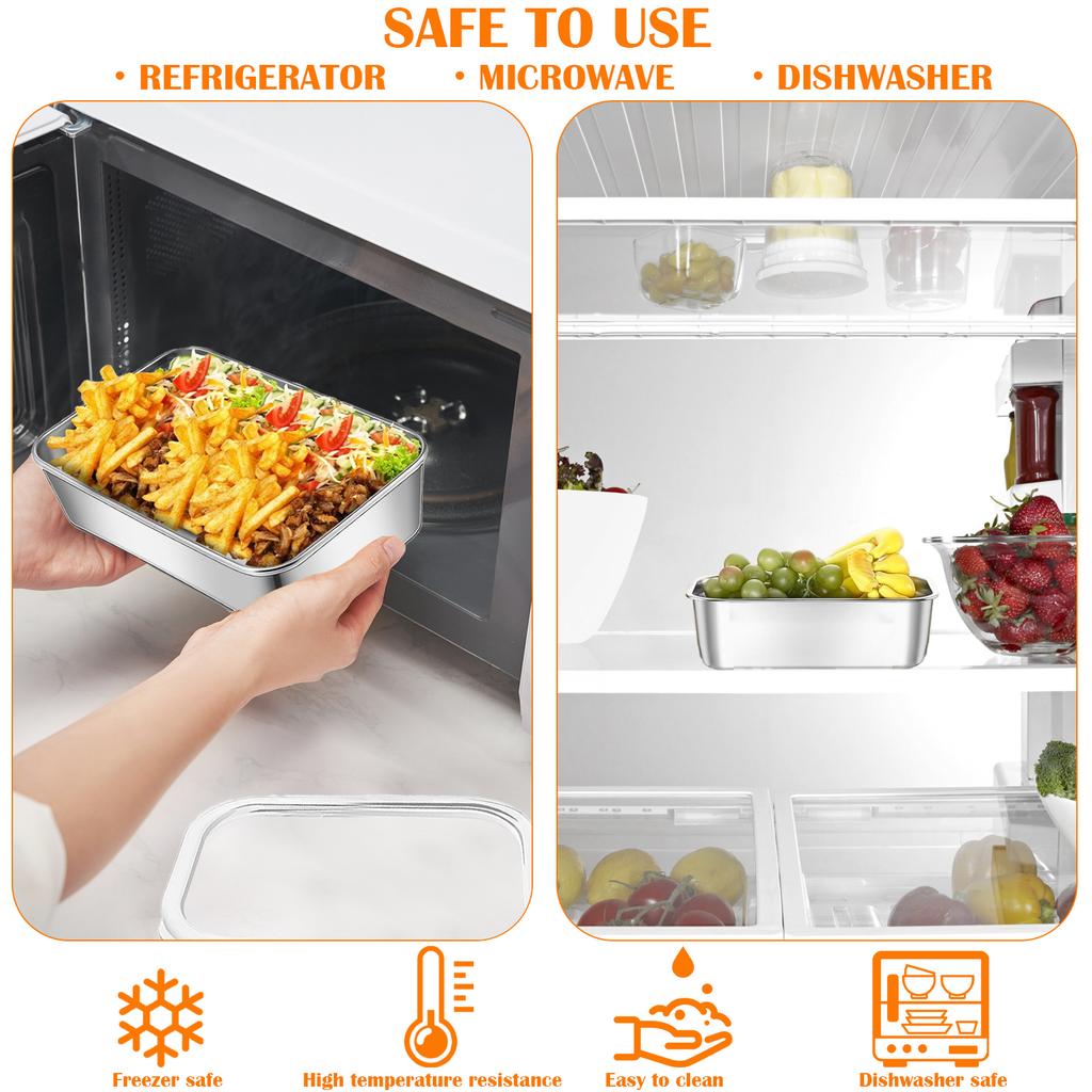 4 PCS Rectangular Storage Box Stainless Steel Crisper Sealed Leak-proof Lunch Bento Box Refrigerator Freezer Storage Container