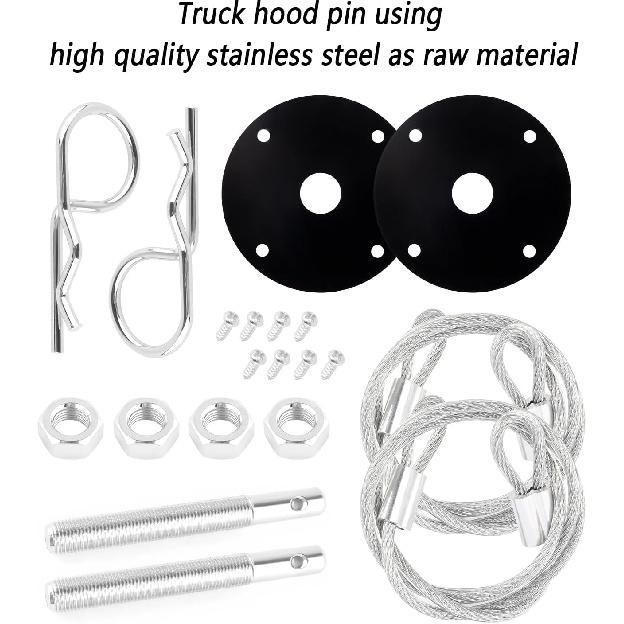 Hood P Kit For Car - Stainless Steel Hood Pin Lock Clip With Racing Lanyard For Fixing Car Hood Cover & Reduce Shaking - Universal Car Mods Exterior