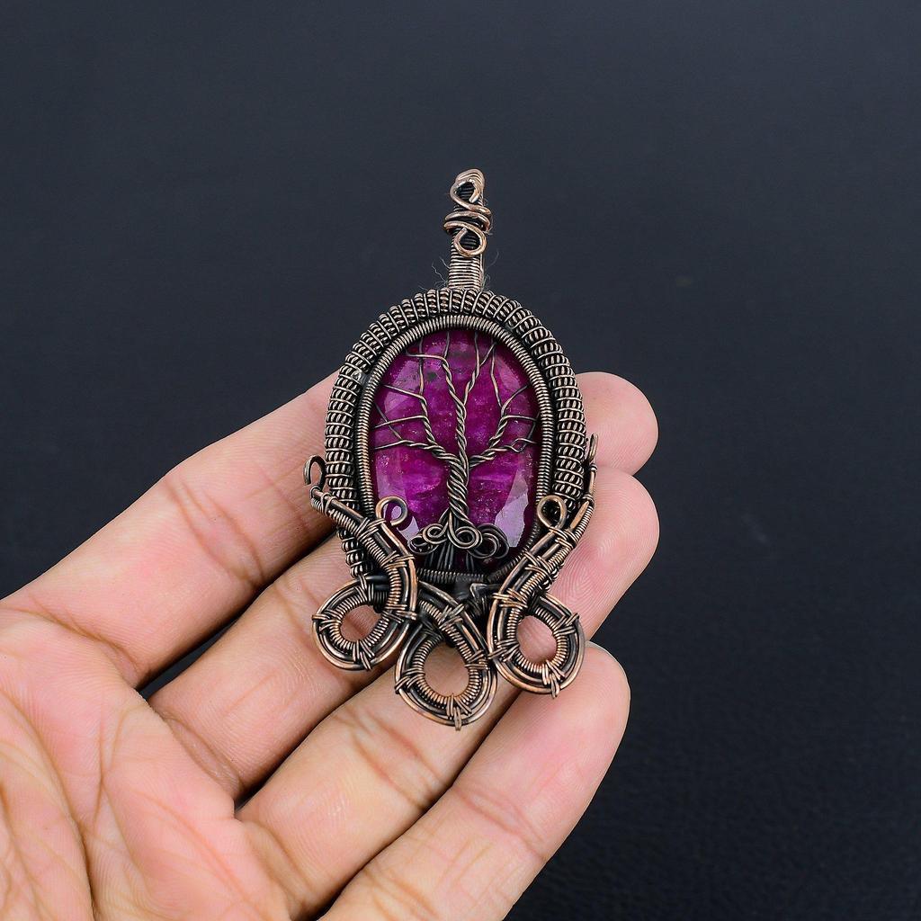 Rubin Anhänger Edelsteinschmuck, 999 Kupferdraht gewickelter handgefertigter Anhänger, Schmuck im neuesten Design