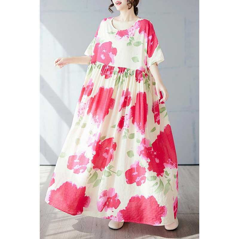 Einfacher und modischer langer Rock Sommer Kurzärmel Rundhals bedrucktes Kleid