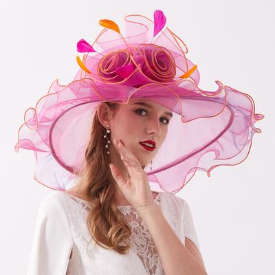 Wedding Bride Wide Brim Fascinators Καπέλα Fedora για γυναίκες Γυναικεία Organza Καπέλα ηλίου Flower Party Kentucky Church Fedoras Καπέλο