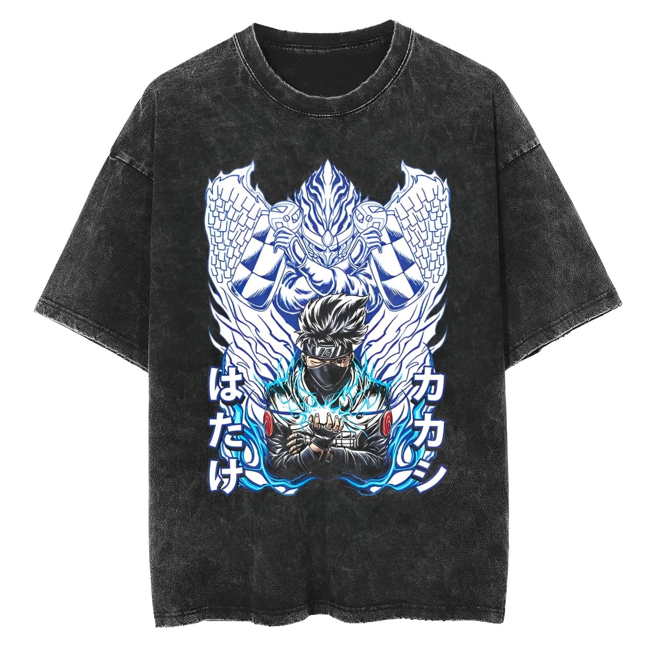 Kakashi Hatake T Shirt Naruto Men Acid Wash Blue Susanoo Anime Graphic Cotton Streetwear Manga Chidori Ninja Vintage Tee M