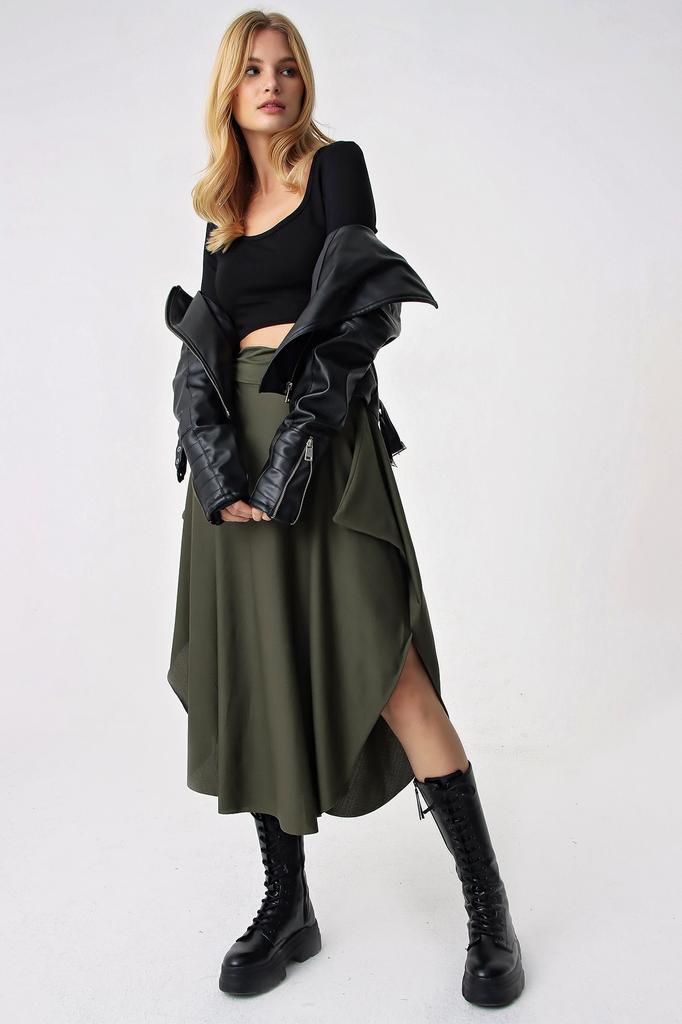 Women's Skirt New Season Fashion Black Patterned Asymmetric Cut Tie Waist Skirt