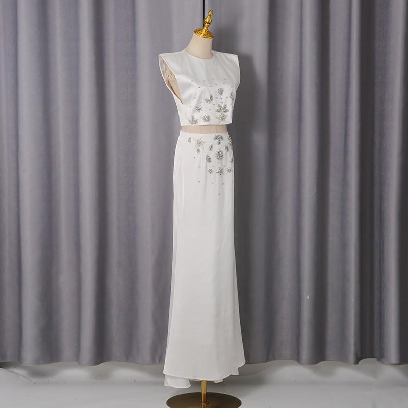 Pure White Light Luxury Diamond-encrusted Fishtail Dress Two-piece Women's Collar Sleeveless + Skirt